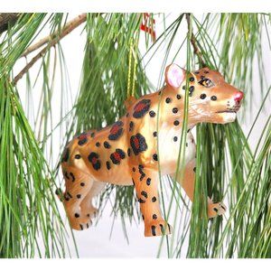 Leopard Cat Glass Ornament Christmas Tree Holiday 5" Tan black Red Glitter Spots